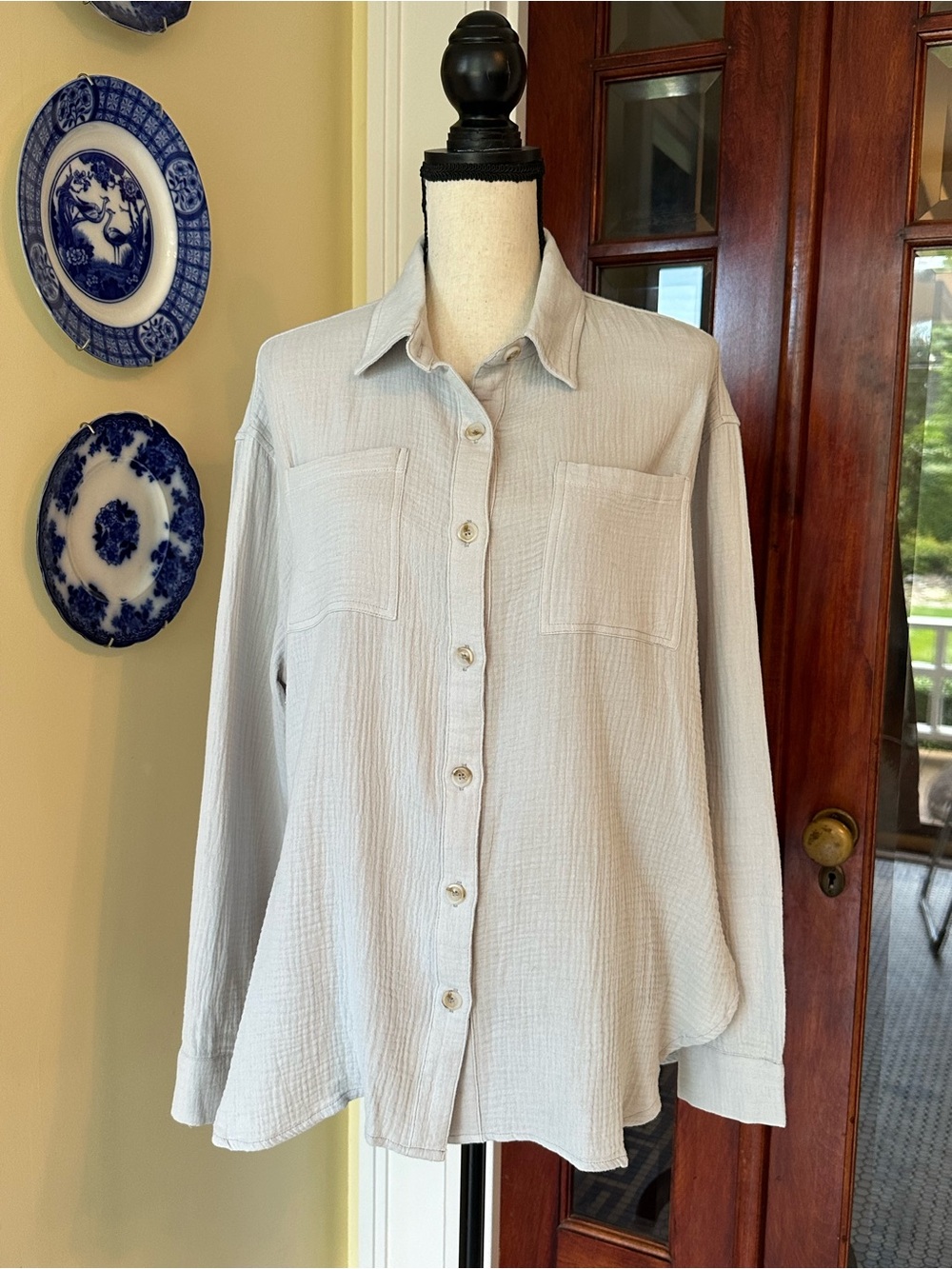 Wisteria Lane | Light Gray 100% Cotton Gauze Oversized Button Down Shirt, Size S